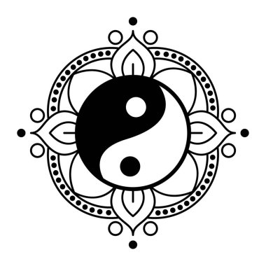 Lotus ve mandala tarafından çerçevelenmiş Yin Yang sembolü manevi tasarım dengesi ve refah teması için mükemmel detaylar