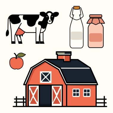 Kırmızı ahır, süt ineği, süt şişesi, reçel kavanozu ve elmadan oluşan büyüleyici düz stil vektör seti. Çiftlik, tarım ve kır hayatı temaları için ideal.