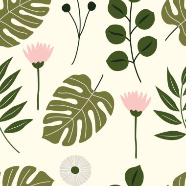 Tropical botanical pattern with green monstera leaves, soft pink flowers, and foliage elements on a light background in a clean, modern style.
