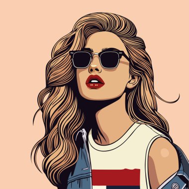 Uzun dalgalı saçları, güneş gözlükleri ve kalın kırmızı dudakları olan şık bir kadının popüler pop-sanat tarzı çizimi. Havalı, kendinden emin ve moda ve yaşam tarzı temaları için şık..