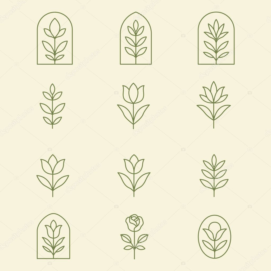 Minimalist botanical icon collection featuring simple floral and foliage line art. Ideal for branding, eco-friendly packaging, and wellness-themed projects.