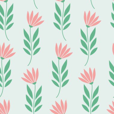 Kusursuz çiçek deseni, pembe taç yaprakları ve yeşil yapraklar modern düz arka planda.