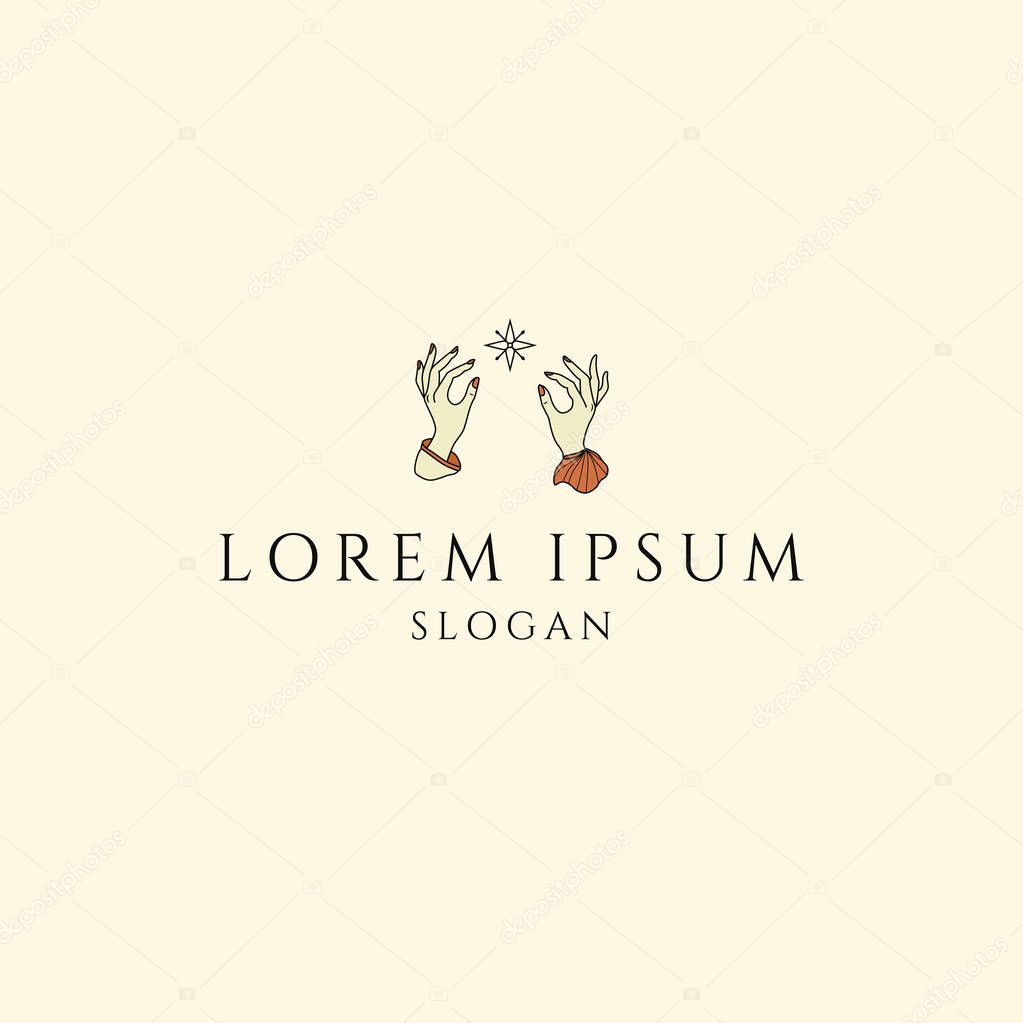 Minimal logo with mystical hands and star symbol, ideal for spiritual, esoteric, beauty, or creative brands seeking a magical aesthetic.
