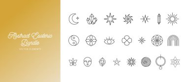 Aylar, yıldızlar, gözler ve mistik semboller de dahil olmak üzere asgari çizgisel esrarengiz ve astrolojik elementler kümesi. Logo, ambalaj, duvar sanatı, kırtasiye ve ruhsal temalı projeler için mükemmel..
