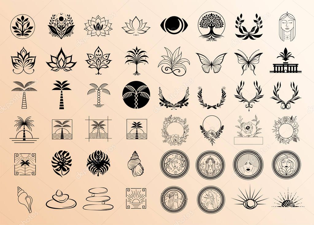 A unique collection of mystical and botanical line art emblems and logo templates. Features celestial symbols, florals, and organic elements for branding, packaging, and spiritual designs.