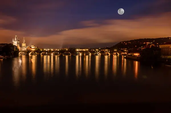 Panoramic Nightscape Charles Bridge Prague Castle River Vltava Prague Czech — Stock Photo, Image