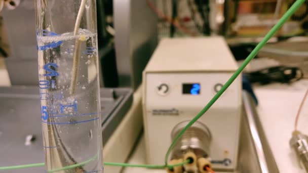 Kimya Laboratuarındaki Bir Kimya Laboratuvarında Organik Çözücüden Geçen Nitrojen Baloncuğu — Stok video