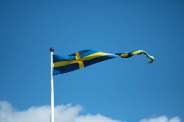 Ulusal gün kutlamaları ve Avrupa Birliği 'nin sembolü için mavi gökyüzünün altında dalgalanan İsveç bayrakları. İsveç Ulusal Günü, yaz ortası, telif alanı.