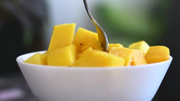 Erfrischende Tropische Mangowürfel Einer Weißen Schüssel Mit Frischem Obst Und — Stockvideo
