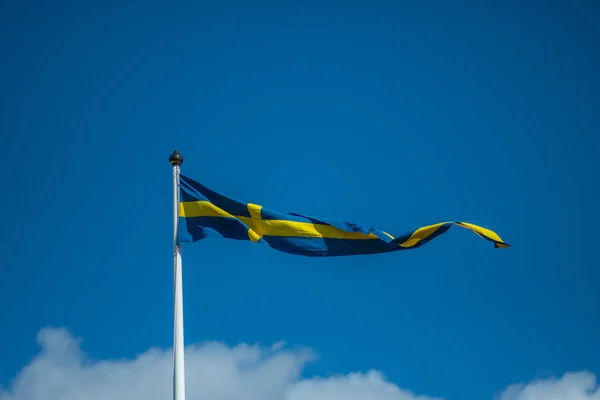 Swedish flags waving with the wind flow under the blue sky for national day celebration and symbol of european union. Swedish National day, midsummer, copyspace.