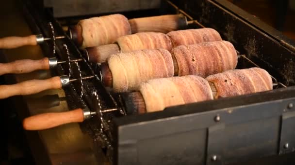 National Czech Trdelnik Sweet Delicacy Prepared Street Fresh Baked Trdelnik — Videoclip de stoc