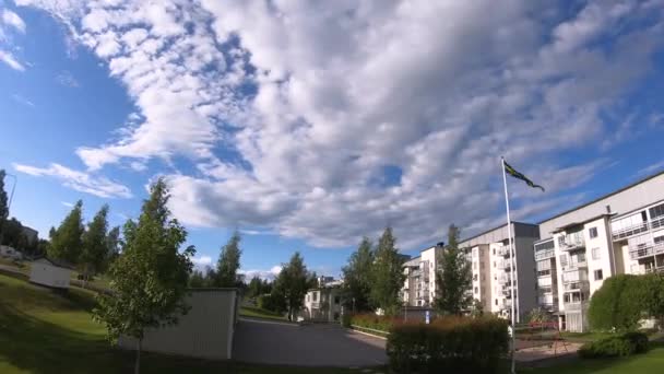 스웨덴 국기가 축하식 연합의 상징으로 바람을 흔들고 스웨덴 국민의 슬로우 — 비디오