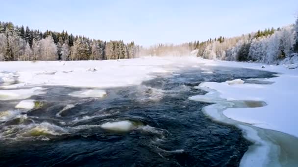 Зимняя Река Пейзаж Водяной Пар Исходящий Потока Воды Пейзаж Снежными — стоковое видео