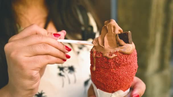 旅游妇女正在尝试传统的Trdelnik或Trdlo捷克甜 一个女人在布拉格街上拿着桁架 街头食物 崔尔尼克是一个传统的甜蛋糕与糖和肉桂面包 — 图库视频影像