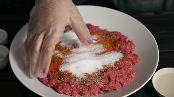 Hausgemachte Zubereitung Von Rindfleisch Kebab Köstlicher Rindfleischspieß Mit Gewürzen Kopierraum — Stockvideo