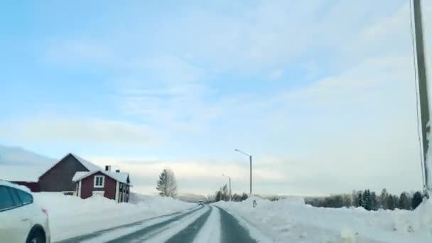 Driving Snow Covered Road Time Lapse Clear Sky Horizon Sunlight — Stock Video