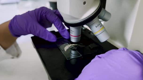 Laboratuvarda Metal Mercekli Mikroskobun Yakın Çekimi Genç Bilim Kadını Laboratuvarda — Stok video