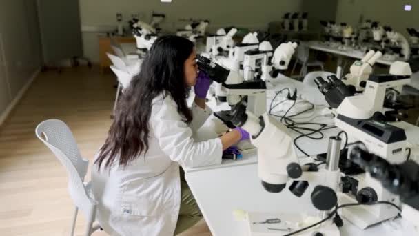 Laboratorium Naukowe Biomedical Portret Pięknego Naukowca Patrzącego Pod Mikroskopem Aby — Wideo stockowe
