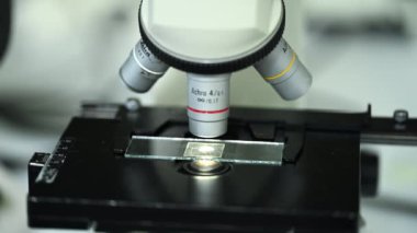 Kadın araştırmacı bilim adamı mikroskop altında örneklere bakıyor. Modern Laboratuvarda Teknolojik Ekipmanlarla çalışan 4K Mikrobiyolog. Biyokimya, ilaç..