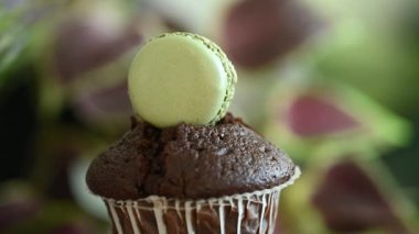 Makarna kurabiyesi vitrinde hareket ediyor. Tatlı, lezzetli tatlılar. Tahta kovada farklı renklerde makarna yemek yavaş çekim çekimlerinde, 4K. Kopyalama alanı.