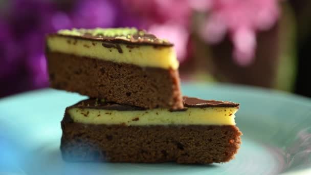 Penutup Seorang Wanita Makan Kue Keju Cokelat Dengan Garpu Piring — Stok Video
