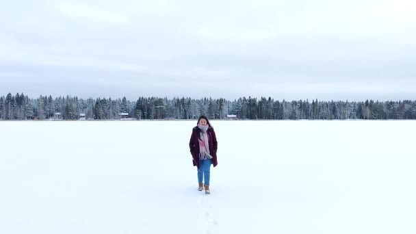 Uma Mulher Desfrutando Tirando Fotos Paisagem Neve Menina Alegre Desfrutando — Vídeo de Stock