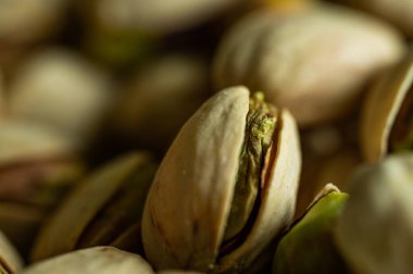 Fıstıklı fındık. Yığınla fıstık var. Yeşil arka planda izole edilmiş sağlıklı organik fındık. Kopyalama alanı