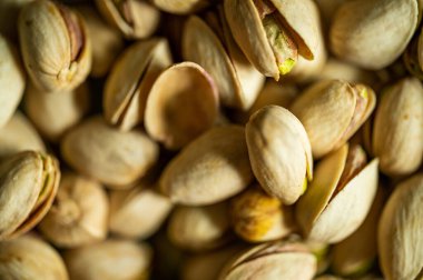 Fıstıklı fındık. Yığınla fıstık var. Yeşil arka planda izole edilmiş sağlıklı organik fındık. Kopyalama alanı