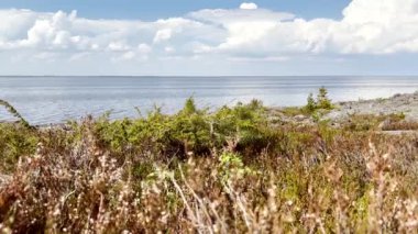 4K Majestic güneşli deniz ufkuyla manzara. İnanılmaz bir deniz feneri ve gökyüzü bulutları. Renkli beyaz bulutlar Doğa çevre arkaplanı.