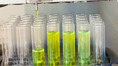 Yeşil floresan bileşiği otomatikleştirilmiş makinede ayrılır. Sütun kromatografisinin test tüpü fraksiyon toplama tekniği. Eğitim ve sanayi konsepti.