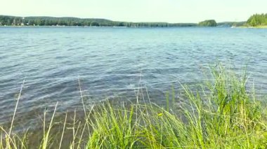 Yağmurlu ve bulutlu bir arazi manzarası. Çimenlerle dolu, kırmızı ahşap kulübeler ve yağmurlu bir günde gökkuşağı. Baharda bir açık hava ziyareti sırasında.