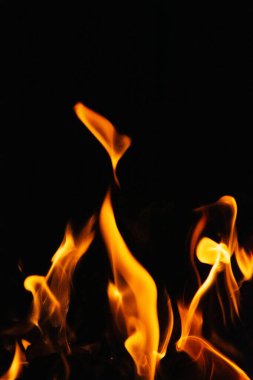 Siyah arka planda yangın alevleri. Alevlerin arka planı. Yangın arka planı yanıyor. Ateş alevi. Yangın arka planı. Ateş dokusu. Alevler. Yanan ateş izole edildi.