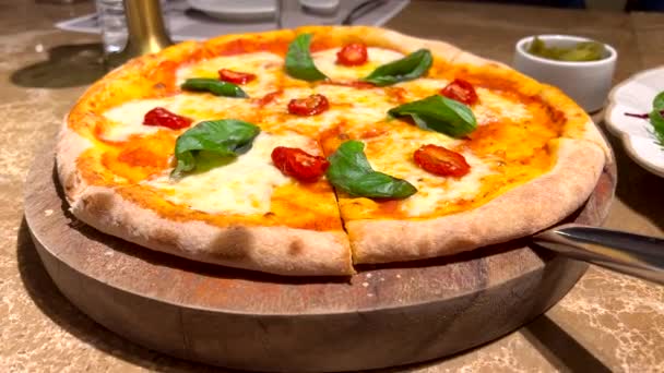 Overhead Authentic Italian Stone Baked Pizza Mozzarella Fresh Basil South — Vídeo de Stock