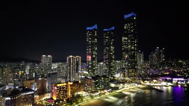Haeundae Beach Night Aerial View Bij Busan Zuid Korea Hoge — Stockvideo
