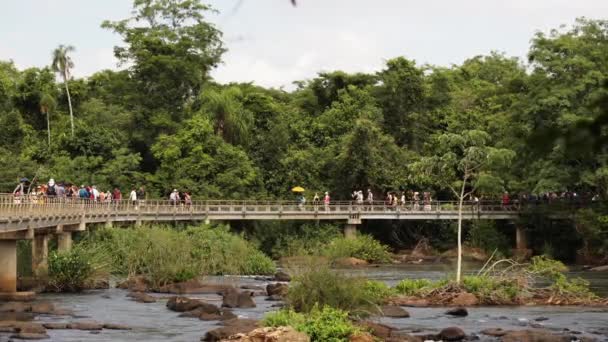 Onherkende Toeristen Die Betoverd Worden Door Iguazu Watervallen Aan Argentijnse — Stockvideo