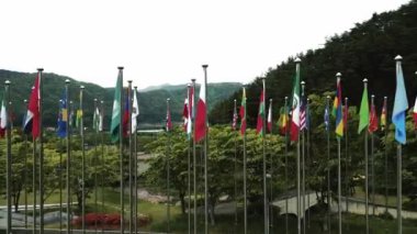 Güney Kore 'deki Muju Kore tekvando parkında tüm uluslar bayrak sallıyor. Yüksek kalite 4k görüntü