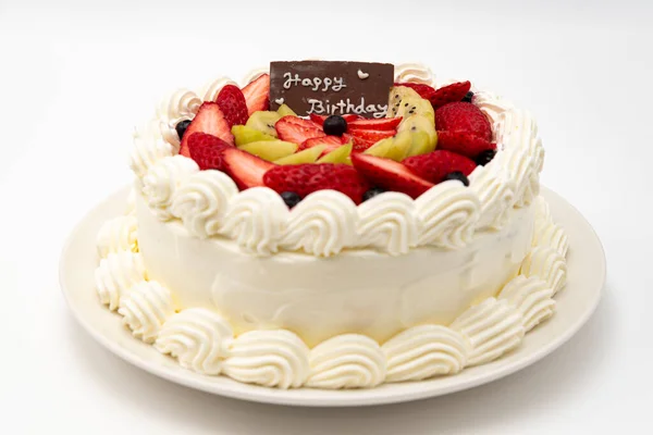 Homemade Birthday Cake Decorated Strawberries Kiwi Fruit Blueberries Isolated White — Stock Photo, Image