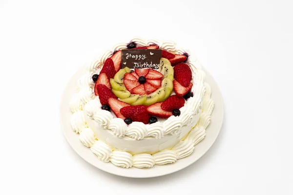 Homemade Birthday Cake Decorated Strawberries Kiwi Fruit Blueberries Isolated White — Stock Photo, Image