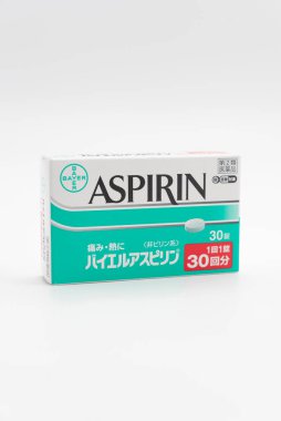 Fuji City, Shizuoka Prefecture, Japan - April 23, 2024: Aspirin 30 tablets by Bayer Global isolated on white background. clipart