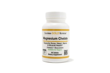 Fuji City, Shizuoka Prefecture, Japan - April 14, 2024: Magnesium Chelate supplement 210 mg 90 Tablets (105 mg per Tablet) by California Gold Nutrition. Isolated on white background. clipart