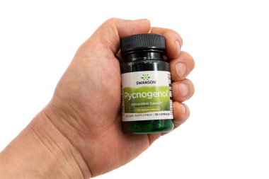 Fuji Şehri, Shizuoka Bölgesi, Japonya - 18 Nisan 2024: Pycnogenol 'e destek 100 mg 30 kapsül Swanson. Beyaz arkaplanda izole.