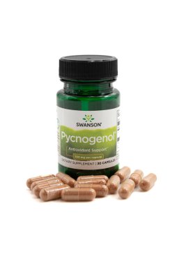 Fuji Şehri, Shizuoka Bölgesi, Japonya - 18 Nisan 2024: Pycnogenol ek 100 mg 30 kapsül Swanson. Beyaz arkaplanda izole.