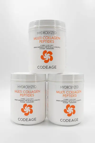 stock image Fuji City, Shizuoka Prefecture, Japan - March 13, 2024: Hydrolyzed Multi Collagen Peptides, 5 Types I, II, III, V, X, Powder, Unflavored, 567 g by Codeage. Isolated on white background.