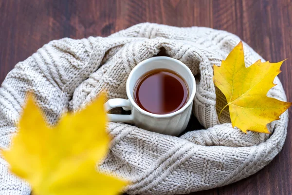 木の板の上にウールのスカーフで囲まれた熱いお茶とカップ — ストック写真