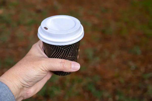 Close Photo Woman Hands Holding Paper Cup Coffee — Stock Photo, Image