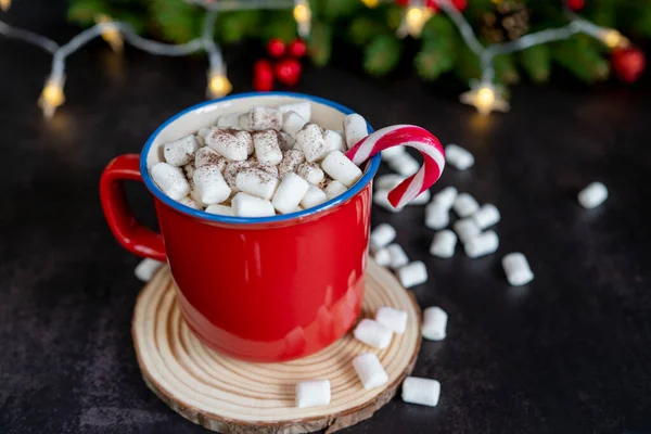 Red Cup Hot Chocolate Marshmallows Warm Cosy Christmas Drink Dark — Stock Photo, Image