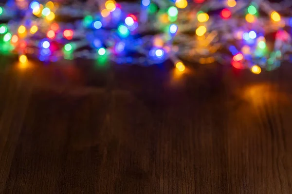 Frame Coloured Christmas Lights Rustic Wooden Background Copy Space — Stock Photo, Image