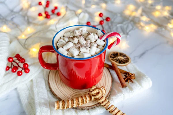 Vintervarm Dryck Röd Mugg Med Varm Choklad Med Marshmallow Och — Stockfoto
