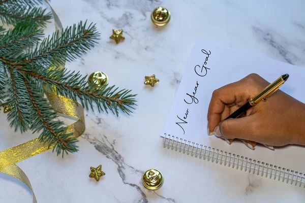 Goals plans dreams make to do list for new year christmas concept writing in notebook. Woman hand holding pen on notebook with fir branches on white background.