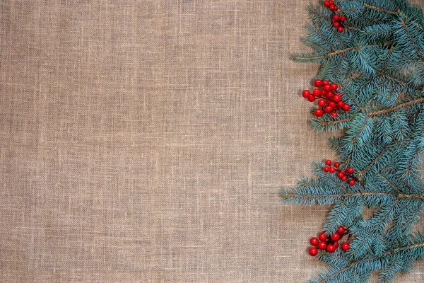 Burlap Background Frame Spruce Branches Berry Branches Copy Space Christmas Stock Photo